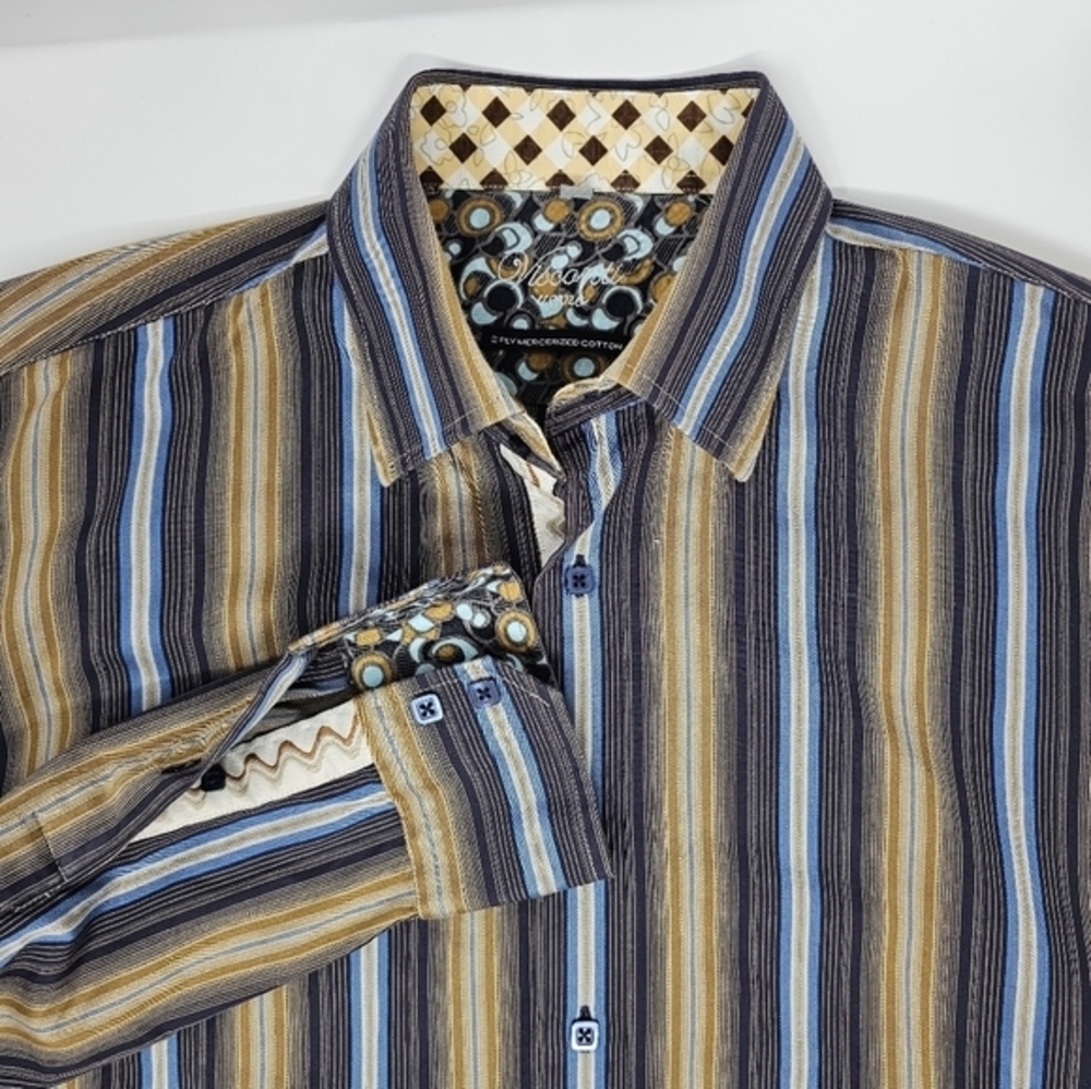 Visconti Uomo Mens Sz Large Brown Gold Striped Mercerized Flip Cuff Long Sleeve.